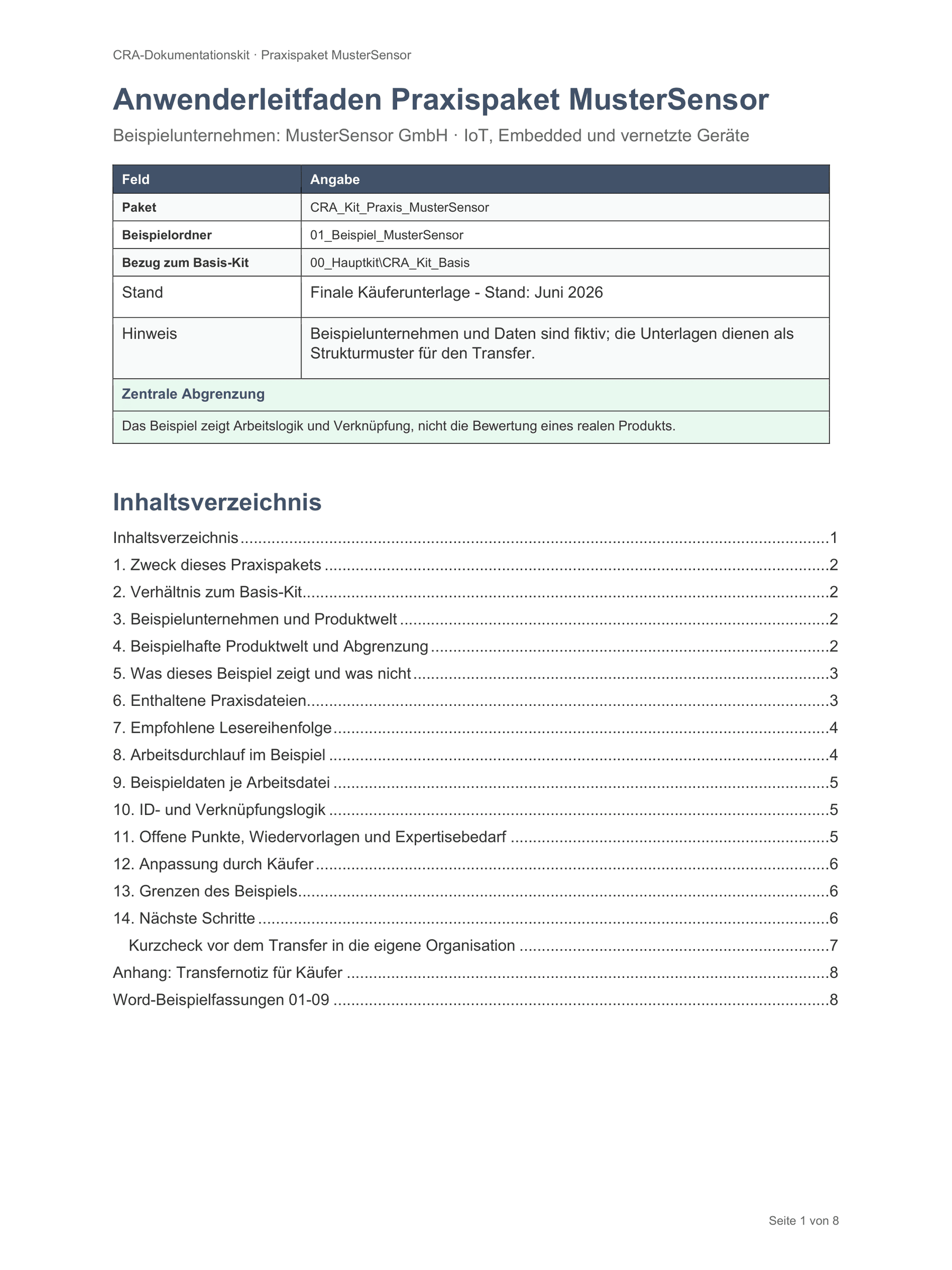 Erste Seite des Praxis-Anwenderleitfadens MusterSensor mit Inhaltsverzeichnis
